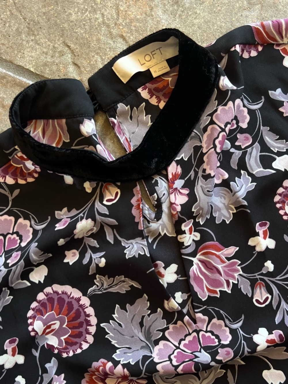 LOFT Floral Tiered Long-Sleeve Blouse with velvet neck band - Picture 5 of 11